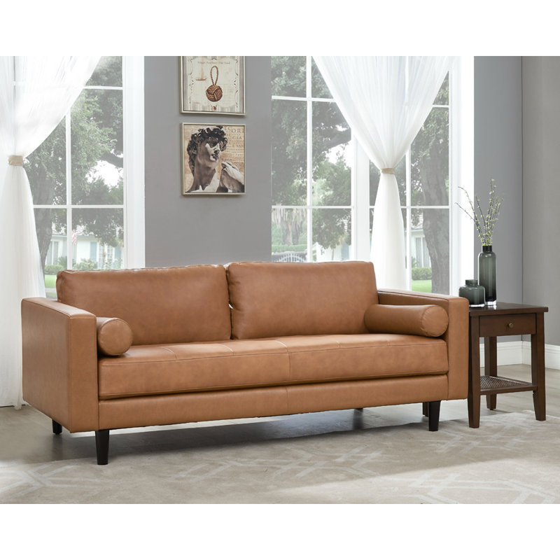 Latitude Run® Modern Brown Couch 74.5" Genuine Leather Square Arm Sofa